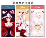  armored_aircraft_carrier_hime bare_shoulders breasts choker commentary_request dress flower glowing glowing_eyes hair_flower hair_ornament highres kantai_collection karakure_(kamo-nanban) large_breasts long_hair nude pale_skin red_eyes shinkaisei-kan smile thighhighs translation_request very_long_hair wedding_dress white_hair 