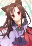  animal_ears bamboo blush brooch brown_hair closed_mouth collarbone dress eyebrows_behind_hair imaizumi_kagerou jewelry long_dress long_hair long_sleeves looking_at_viewer neckerchief nnyara red_eyes smile solo touhou twitter_username v_arms wide_sleeves wolf_ears 