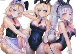  3girls ak-12_(girls_frontline) an-94_(girls_frontline) animal_ears apron aqua_eyes ass bangs black_gloves black_legwear black_neckwear blonde_hair blue_eyes blush bow bowtie braid breasts bunny_ears bunny_tail bunnysuit cleavage closed_mouth confetti covered_navel detached_collar eyebrows_visible_through_hair fake_animal_ears finger_to_mouth fishnet_legwear fishnets french_braid g36_(girls_frontline) girls_frontline gloves hair_between_eyes hairband half_gloves hanato_(seonoaiko) hand_in_hair large_breasts leotard long_hair looking_at_viewer maid_apron maid_headdress medium_breasts multicolored_hair multiple_girls necktie one_eye_closed pantyhose purple_eyes red_neckwear ribbon shushing sidelocks silver_hair simple_background sitting smile tail twintails very_long_hair waist_apron white_background wrist_cuffs 