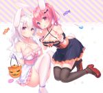  :d animal_ears bare_shoulders black_choker black_dress blush breasts brown_legwear bunny_ears bunny_tail candy candy_wrapper choker claw_pose cleavage closed_mouth commentary_request criss-cross_halter detached_sleeves diagonal_stripes dress fang feet_out_of_frame fingernails food gloves hair_ornament halloween halloween_basket halterneck hands_up head_tilt heart high_heels holding jack-o'-lantern kneeling large_breasts lollipop long_hair looking_at_viewer multiple_girls open_mouth original puffy_short_sleeves puffy_sleeves purple_footwear red_eyes red_footwear red_hair sakura_(usashiro_mani) shoes short_sleeves silver_hair sitting smile star striped swirl_lollipop tail thighhighs usashiro_mani white_choker white_dress white_gloves white_legwear wing_hair_ornament 