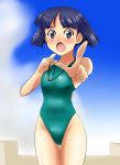  absurdres aqua_swimsuit bangs black_eyes black_hair blunt_bangs bob_cut commentary_request competition_swimsuit covered_navel cowboy_shot foreshortening girls_und_panzer highres looking_at_viewer nanao_futaba one-piece_swimsuit open_mouth pointing short_hair solo sono_midoriko standing swimsuit thigh_gap whistle 
