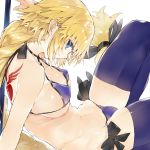  absurdres back bikini blonde_hair blue_bikini blue_bikini_bottom blue_bikini_top blue_eyes braid breasts command_spell commentary_request fate/apocrypha fate/grand_order fate_(series) from_side highres jeanne_d'arc_(fate) jeanne_d'arc_(fate)_(all) kou_mashiro large_breasts legs long_hair looking_at_viewer looking_to_the_side navel ribbon single_braid smile solo string_bikini swimsuit tattoo thighhighs thighs very_long_hair 