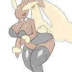  2018 big_breasts black_sclera breasts brown_fur bunny_costume cleavage clothed clothing costume female fur hi_res huge_breasts legwear leotard lopunny nintendo nishikunsp pok&eacute;mon pok&eacute;mon_(species) pok&eacute;morph red_eyes shirt_collar simple_background smile solo standing thigh_highs video_games white_background 