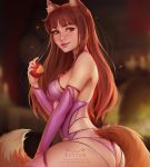  animal_ears apple artist_name ass bangs blush breasts brown_hair daria_leonova detached_sleeves eyebrows_visible_through_hair food from_side fruit holding holding_food holding_fruit holo lingerie lips long_hair looking_back medium_breasts panties purple_panties raised_eyebrow red_eyes smile solo spice_and_wolf tail underwear wolf_ears wolf_girl wolf_tail 