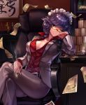  ;) armchair bangs belt black_belt bow braid breasts buttons chair cigarette closed_mouth commentary_request cookie_(touhou) cosplay desk dress_shirt eyebrows_visible_through_hair formal green_bow hair_bow head_rest head_tilt highres indoors izayoi_sakuya kiryuu_kazuma kiryuu_kazuma_(cosplay) light_smile long_sleeves maid_headdress manatsu_no_yo_no_inmu medium_breasts megafaiarou_(talonflame_810) money no_bra office_lady one_eye_closed pants partially_unbuttoned pocket popped_collar purple_hair red_shirt ryuu_ga_gotoku ryuuga_(cookie) shiny shiny_hair shirt silver_eyes sitting smile smoke solo suit touhou twin_braids white_pants yajuu_senpai 