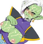  areolae arm_under_breasts blush breasts breasts_outside breath cum cum_in_mouth cum_on_body cum_on_breasts cum_on_upper_body cumdrip dragon_ball dragon_ball_super dutch_angle earrings facial genderswap genderswap_(mtf) green_skin grey_eyes jewelry large_breasts lifted_by_self long_hair looking_at_viewer mohawk nipples nose_blush open_mouth pointy_ears purple_shirt shirt shirt_lift shoulder_armor simple_background solo steam teba_makoto upper_body white_background white_hair zamasu 