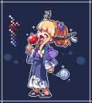  blush blush_stickers bow candy_apple closed_eyes commentary commentary_request food frame holding horn_ribbon horns ibuki_suika japanese_clothes kimono kumamoto_(bbtonhk2) long_sleeves lowres oni open_mouth orange_hair pixel_art purple_bow ribbon sandals short_hair sidelocks simple_background smile solo sparkle touhou water_balloon yukata 