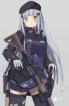  assault_rifle bag bangs belt belt_pouch beret black_belt black_hat black_legwear black_skirt blunt_bangs breasts character_name closed_mouth clothes_writing commentary dagger earphones eyebrows_visible_through_hair facial_mark girls_frontline gloves goggles goggles_around_neck gradient gradient_background green_eyes grey_background grey_hair gun hair_ornament hat heckler_&amp;_koch highres hk416 hk416_(girls_frontline) holding holding_gun holding_weapon holster iron_cross knife kou_v05first long_hair long_sleeves medium_breasts miniskirt plaid plaid_skirt pleated_skirt pouch rifle sheath sheathed shoulder_bag skirt solo straight_hair striped striped_background thigh_holster thighhighs trigger_discipline very_long_hair weapon white_gloves zettai_ryouiki 