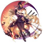  azur_lane black_hat black_legwear blonde_hair blush bow breasts broom cleavage closed_mouth eyebrows_visible_through_hair full_body hat hat_bow high_heels highres jack-o'-lantern kaede_(003591163) lantern large_breasts long_hair looking_at_viewer nelson_(azur_lane) official_art orange_bow pantyhose red_eyes solo transparent_background twintails very_long_hair witch_hat 