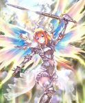  angel angel_wings armor armored_boots blue_eyes boots breastplate cygames gauntlets glowing glowing_wings hair_ornament hairclip lapis_glorius_seraph long_hair looking_at_viewer navel_cutout official_art orange_hair see-through shadowverse shoulder_armor solo sword thigh_boots thighhighs weapon wings 