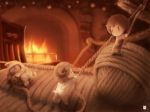  brown_hair cat_pajamas chibi closed_eyes commentary_request depth_of_field fire fireplace highres horns indoors long_sleeves lying nekoita on_side open_mouth original outstretched_arms profile sheep_horns short_hair standing watermark yarn |_| 