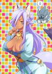  animal_ears blue_kimono breasts breasts_apart center_opening dark_skin facial_mark fox_ears fox_girl fox_tail genderswap genderswap_(mtf) gundam gundam_build_divers hair_between_eyes hair_bun japanese_clothes jewelry kimono large_breasts lavender_hair long_sleeves looking_at_viewer necklace obi sash shahryar_(gundam_build_divers) smile solo spoken_sweatdrop sweatdrop tail teba_makoto wolf yellow_eyes 