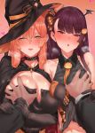  2girls absurdres alternate_costume bangs bare_shoulders belt black_cape black_hat blush bow breast_grab breasts breath brown_hair buckle cape cleavage collar collarbone dress elbow_gloves eyebrows_visible_through_hair food_themed_hair_ornament girls_frontline gloves grabbing gradient gradient_background green_eyes groping guided_breast_grab hair_between_eyes hair_bow hair_ornament hair_ribbon halloween halloween_costume hand_on_breast hat heart highres jack-o'-lantern large_breasts long_hair looking_at_viewer m1903_springfield_(girls_frontline) multiple_girls naughty_face navel necktie open_mouth pumpkin_hair_ornament purple_hair ribbon shirt simple_background sleeveless sleeveless_dress sleeveless_shirt suisogenshi upper_body wa2000_(girls_frontline) witch witch_hat 