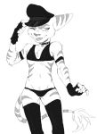  2018 anthro armlet bikini clothed clothing collar crossdressing daxratchet digital_media_(artwork) fur girly gloves hat hi_res leggings legwear lombax looking_at_viewer male monochrome one_eye_closed ratchet ratchet_and_clank simple_background smile solo stripes swimsuit tipping_hat tongue tongue_out video_games wink 