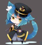  animal_ears armband azur_lane bangs black_footwear black_hat black_jacket blue_hair blush brown_eyes cat_ears cat_girl cat_tail chibi collared_jacket colored_eyelashes eyebrows_visible_through_hair full_body grey_background grey_pants hair_between_eyes hand_up hat head_tilt holding iron_cross jacket kanda_(kvzs4332) long_sleeves meowficer_(azur_lane) military_hat military_jacket pants parted_lips peaked_cap puffy_pants shadow short_hair sleeves_past_fingers sleeves_past_wrists solo standing steel_(azur_lane) tail tail_raised wide_sleeves 