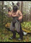  anthro bottomless canine cheek_tuft claws clothed clothing day digitigrade dipstick_tail female forest fox holding_object looking_at_viewer mammal meme multicolored_tail mushroom outside partially_clothed silver_fox slit_pupils smile solo standing suzamuri toe_claws tongue tongue_out tree tuft twitter_hoodie yellow_eyes 