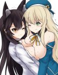  2girls animal_ears ass atago_(azur_lane) atago_(kantai_collection) azur_lane between_breasts black_hair blouse bouncing_breasts breast_smother breasts catfight closed_mouth defeated hair_ornament head_between_breasts huge_breasts kantai_collection kuwamori large_breasts military military_uniform mole mole_under_eye multiple_girls smile sweat trembling uniform yuri 
