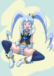  1girl arm_support bangs blue_eyes blue_hair blue_legwear blue_neckwear blue_panties blush boots bow bow_panties breasts cameltoe crown cure_princess earrings eyebrows_visible_through_hair female full_body happinesscharge_precure! high_heels highres jewelry long_hair looking_at_viewer magical_girl matching_hair/eyes mikomo mini_crown navel necktie nose_blush open_mouth panties precure scared shiny_tail shirayuki_hime shirt sitting skindentation sleeveless sleeveless_shirt small_breasts solo spread_legs striped striped_panties tears teeth thighhighs tied_hair tilted_headwear tongue twintails underwear white_footwear wide-eyed 