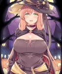  :d arms_behind_back bangs bare_tree belt black_bow black_cape black_hat blush bow breasts brown_hair buckle cape cleavage collar collarbone commentary_request eyebrows_visible_through_hair full_moon girls_frontline green_eyes halloween halloween_costume hasu_(hk_works) hat hat_bow jack-o'-lantern large_breasts long_hair looking_at_viewer m1903_springfield_(girls_frontline) moon night night_sky open_mouth outdoors pumps round_teeth sky smile solo teeth tree upper_body upper_teeth very_long_hair witch witch_hat 