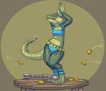  annoyed arm_warmers arms_above_head armwear belly_dancer blush chain claws clothing coin dancing digitigrade embarrassed female kobold lonelyworld money red_eyes scales scalie shackle simple_background slave solo_focus spikes translucent transparent_clothing wide_hips 