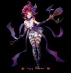  bare_shoulders bewitching_janna black_background boots breasts broom cleavage commentary cowboy_shot dress full_body gloves green_eyes happy_halloween hat highres hikarusorano janna_windforce league_of_legends leaning_forward lips looking_at_viewer medium_breasts ponytail red_hair round_eyewear simple_background skirt smile solo staff strapless strapless_dress striped striped_legwear thick_thighs thighhighs thighs tied_hair white_skirt witch_hat 