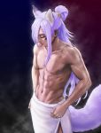  abs animal_ears chest closed_eyes collarbone extra_ears facial_mark fox_boy fox_ears fox_tail gundam gundam_build_divers hair_bun hair_over_one_eye lavender_hair long_hair male_focus muscle naked_towel navel nipples shahryar_(gundam_build_divers) solo steaming_body tail towel towel_around_waist very_long_hair wet yura_tamukai 