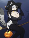  anthro big_breasts breasts broom clothed clothing collar feline female food foxicube fruit halloween hat hi_res holidays invalid_background kibby leopard looking_at_viewer magic_user mammal night pumpkin simple_background slightly_chubby smile snow_leopard solo thick_thighs witch witch_hat 