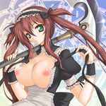  airi_(queen's_blade) breasts cleavage green_eyes large_breasts long_hair maid nipples nude nude_filter queen's_blade red_hair scythe solo third-party_edit twintails 