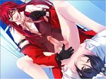  2boys anal bad_anatomy black_gloves black_hair bottomless bow censored demon erection glasses gloves grell grell_sutcliff kuroshitsuji long_hair male male_focus mosaic_censoing multiple_boys newhalf open_mouth penis red-framed_glasses red_hair sebastian_michaelis short_hair sitting teeth testicles yaoi 