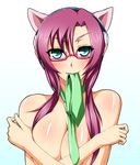  animal_ears bad_id bad_pixiv_id banned_artist breast_hold breasts cat_ears crossed_arms glasses green_eyes huge_breasts long_hair makinami_mari_illustrious mouth_hold necktie neon_genesis_evangelion purple_hair rebuild_of_evangelion s_tanly shiny shiny_skin simple_background solo topless 