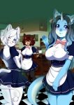  2018 anthro bar beverage big_breasts blue_eyes blush breasts clothed clothing digital_media_(artwork) dragonair feline female footwear fur green_eyes hair heterochromia horn hoshicchi legwear lion maid_uniform mammal nintendo open_mouth pok&eacute;mon pok&eacute;mon_(species) saber_(firestorm3) skirt smile stockings thick_thighs uniform video_games waiter white_fur white_lion 