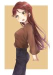  :d bangs black_pants blush breasts brown_background brown_eyes brown_shirt commentary_request eyebrows_visible_through_hair head_tilt highres long_hair long_sleeves looking_at_viewer looking_to_the_side love_live! love_live!_sunshine!! open_mouth pants puffy_long_sleeves puffy_sleeves red_hair sakurauchi_riko shirt sin_(sin52y) small_breasts smile solo two-tone_background very_long_hair white_background 