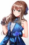  arm_behind_back blue_dress blue_flower brown_gloves brown_hair dress earrings eternal_bloom_(idolmaster) flower gloves green_eyes hair_between_eyes hair_flower hair_ornament idolmaster idolmaster_cinderella_girls idolmaster_cinderella_girls_starlight_stage jewelry long_hair parted_lips shibuya_rin shiny shiny_hair silence_girl simple_background sleeveless sleeveless_dress solo white_background 