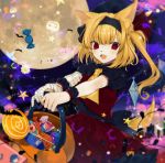  :d absurdres animal_ear_fluff animal_ears ascot bandaged_arm bandages bangs basket bat black_hairband black_hat black_shirt blush candy cat_ears commentary cowboy_shot crystal daimaou_ruaeru eyebrows_visible_through_hair fangs flandre_scarlet food frilled_shirt_collar frills full_moon hair_ribbon hairband hat hat_ribbon highres holding holding_basket kemonomimi_mode lollipop long_hair looking_at_viewer mob_cap moon one_side_up open_mouth puffy_short_sleeves puffy_sleeves red_ribbon red_skirt red_vest remilia_scarlet ribbon shirt short_sleeves skirt skirt_set smile solo sparkle star tail touhou vest wings wolf_ears wolf_tail wrist_cuffs yellow_neckwear 