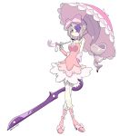  alternate_costume bearthemighty bow breasts company_connection cosplay dated dress drill_hair eyepatch full_body hair_bow harime_nui harime_nui_(cosplay) highres kill_la_kill little_witch_academia long_hair pale_skin parasol pink_bow pink_dress pink_footwear pink_umbrella red_eyes scissor_blade small_breasts solo standing sucy_manbavaran trigger_(company) umbrella white_background 