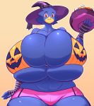  2018 anthro avian beak big_breasts bird bowl bra breasts bulge busty_bird candy clothed clothing corvid crow female food fruit gloves halloween hat hi_res holidays huge_breasts hyper hyper_breasts jaeh looking_at_viewer nipple_bulge partially_clothed pumpkin red_eyes shorts simple_background smile solo thick_thighs underwear voluptuous wide_hips witch_hat 