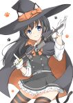  animal_ears asashio_(kantai_collection) belt black_hair blue_eyes buttons cape cat_ears cat_tail commentary dress fake_animal_ears gloves halloween hat highres kantai_collection long_hair long_sleeves looking_at_viewer neck_ribbon paw_background pinafore_dress pleated_dress red_ribbon remodel_(kantai_collection) ribbon sakikumo_(sakumo) shirt smile solo staff striped striped_legwear tail thighhighs white_background white_gloves white_shirt witch_hat 