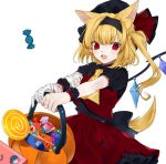  :d absurdres animal_ear_fluff animal_ears ascot bad_id bad_twitter_id bandaged_arm bandages bangs basket black_hairband black_hat black_shirt blonde_hair candy commentary cowboy_shot crystal daimaou_ruaeru eyebrows_visible_through_hair fangs flandre_scarlet food frilled_shirt_collar frills hairband hat hat_ribbon highres holding holding_basket lollipop long_hair looking_at_viewer mob_cap one_side_up open_mouth petticoat puffy_short_sleeves puffy_sleeves red_eyes red_ribbon red_skirt red_vest remilia_scarlet ribbon shirt short_sleeves simple_background skirt skirt_set smile solo symbol_commentary tail touhou vest white_background wings wolf_ears wolf_tail wrist_cuffs yellow_neckwear 