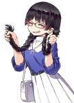  ^_^ alternate_costume alternate_hairstyle bag bangs belt bespectacled black_hair blue_shirt blush braid casual closed_eyes collared_shirt dress eyebrows_visible_through_hair glasses hair_ornament hair_over_shoulder hairclip hands_up holding holding_hair jewelry kath long_hair long_skirt nijisanji open_mouth pendant pleated_skirt puffy_sleeves red-framed_eyewear shirt shoulder_bag simple_background skirt smile solo tsukino_mito twin_braids v-shaped_eyebrows virtual_youtuber white_background white_skirt 