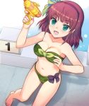  angel_beats! bandeau barefoot bikini bow breasts cleavage commentary_request foot_out_of_frame front-tie_top green_bikini green_eyes hair_bow hairband medium_breasts medium_hair purple_hair ryoui_(ry_tya) solo starting_block strapless strapless_bikini swimsuit water_gun yuri_(angel_beats!) 