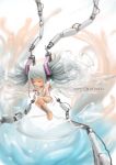  barefoot box closed_eyes closed_mouth elbow_gloves english floating_hair gift gift_box glass gloves green_hair hatsune_miku highres long_hair nekoita shattered solo twintails vocaloid white_gloves 