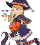  :d abigail_williams_(fate/grand_order) alternate_costume atsumisu bangs black_capelet black_gloves blonde_hair blue_eyes blush candy candy_wrapper capelet commentary_request dress elbow_gloves fate/grand_order fate_(series) food gloves halloween halloween_basket hat highres holding lollipop long_hair looking_at_viewer mary_janes open_mouth parted_bangs pleated_dress purple_dress purple_footwear purple_hat shadow shoes smile solo star striped striped_legwear suction_cups swirl_lollipop tentacles trick_or_treat very_long_hair white_background witch_hat 