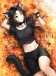  animal_ears arm_behind_head autumn_leaves bike_shorts black_gloves black_hair black_shirt black_shorts breasts cat_ears cat_tail collar fingerless_gloves from_above gigamessy gloves green_eyes leaf long_hair lying maple_leaf medium_breasts midriff navel on_back original outdoors parted_lips shirt short_sleeves shorts smile solo stomach tail 