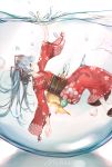  absurdres aqua_hair blue_eyes bubble character_name floral_print hair_ornament hatsune_miku heixie highres in_bubble japanese_clothes kimono long_hair oni outstretched_arms pouch profile reaching red_kimono sandals solo submerged twintails very_long_hair vocaloid white_legwear wide_sleeves yukata 