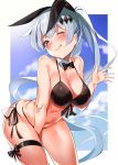  ahoge animal_ears bangs bare_shoulders bending_forward bikini black_bikini blue_sky blush breasts brown_eyes bunny_ears cleavage collarbone commentary_request cowboy_shot day eyebrows_visible_through_hair fake_animal_ears five-seven_(girls_frontline) girls_frontline hair_between_eyes hair_ornament hair_ribbon highres large_breasts long_hair looking_at_viewer navel ocean one_eye_closed outdoors outside_border outstretched_hand ponytail pooor ribbon side-tie_bikini silver_hair sky solo standing stomach swimsuit thigh_strap thighs tongue tongue_out very_long_hair 