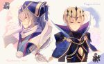  armor blonde_hair chibi crown european_clothes fire_emblem fire_emblem_heroes fire_emblem_if hat highres japanese_clothes kariya_(mizore) leon_(fire_emblem_if) looking_at_viewer multiple_boys ponytail portrait purple_hair scarf takumi_(fire_emblem_if) white_hair 