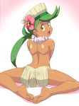  1girl barefoot creatures_(company) dark_skin eyebrows_visible_through_hair flower from_behind game_freak gradient gradient_background green_eyes green_hair hair_flower hair_ornament happy looking_at_viewer mao_(pokemon) nintendo open_mouth pepipopo pokemon pokemon_(game) pokemon_sm ponytail skirt smile soles solo topless white_background 