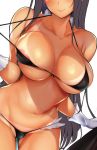  adapted_costume alternate_costume areola_slip areolae armpit_crease ass_visible_through_thighs bikini bikini_tan bikini_tug black_bikini black_hair blush breasts cleavage commentary_request gloves granblue_fantasy jessica_(granblue_fantasy) kuro_(jyupiter) large_breasts long_hair micro_bikini navel shiny shiny_skin simple_background skindentation smile solo stomach swimsuit tan tanline very_long_hair white_background white_gloves 