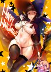  areolae bikini black_bikini black_eyes blush breasts brown_hair chibi cleavage cloak commentary_request elbow_gloves eyebrows_visible_through_hair fang front-tie_top gloves halloween halloween_costume hat highres huge_breasts iku_(ikuchan_kaoru) large_breasts leg_up long_hair looking_at_viewer micro_bikini multiple_girls navel open_mouth original ribbon screw shoes simple_background skindentation smile staff star steam stick sweat swimsuit thighhighs thighs twintails underboob witch_hat 