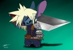  2015 4_fingers 4_toes alien blonde_hair blue_body blue_claws claws clothed clothing cloud_strife cosplay crossover digital_drawing_(artwork) digital_media_(artwork) disney experiment_(species) final_fantasy final_fantasy_vii gradient_background hair holding_object holding_weapon lilo_and_stitch melee_weapon moody notched_ear raigekiexe signature simple_background solo square_enix standing stitch sword toes video_games weapon 